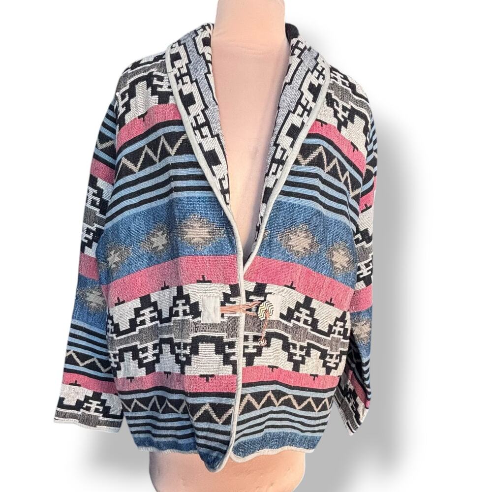 Vintage Southwestern Woven Jacket Muted Blue Red Geometric Western Coat Rodeo